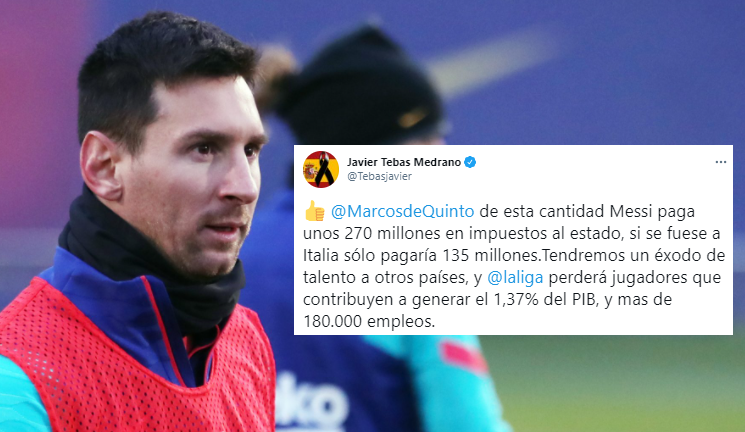 elchiringuitotv's tweet photo. 💥 @Tebasjavier también habla sobre los IMPUESTOS tras el EDITORIAL de @jpedrerol sobre MESSI:

💰"Paga 270 millones al estado. Si se fuese a Italia sólo pagaría 135". 

💰 "Tendremos un éxodo de talento y La Liga perderá jugadores que contribuyen a generar el 1,37% del PIB". https://t.co/MUzULXmP3v
