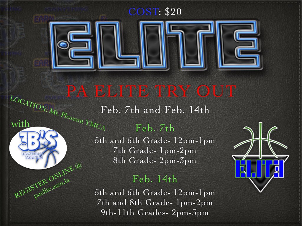 Pa Elite Tryouts... Registration is Online @ paelite.assn.la email us @ paelitebb@gmail.com with any questions.