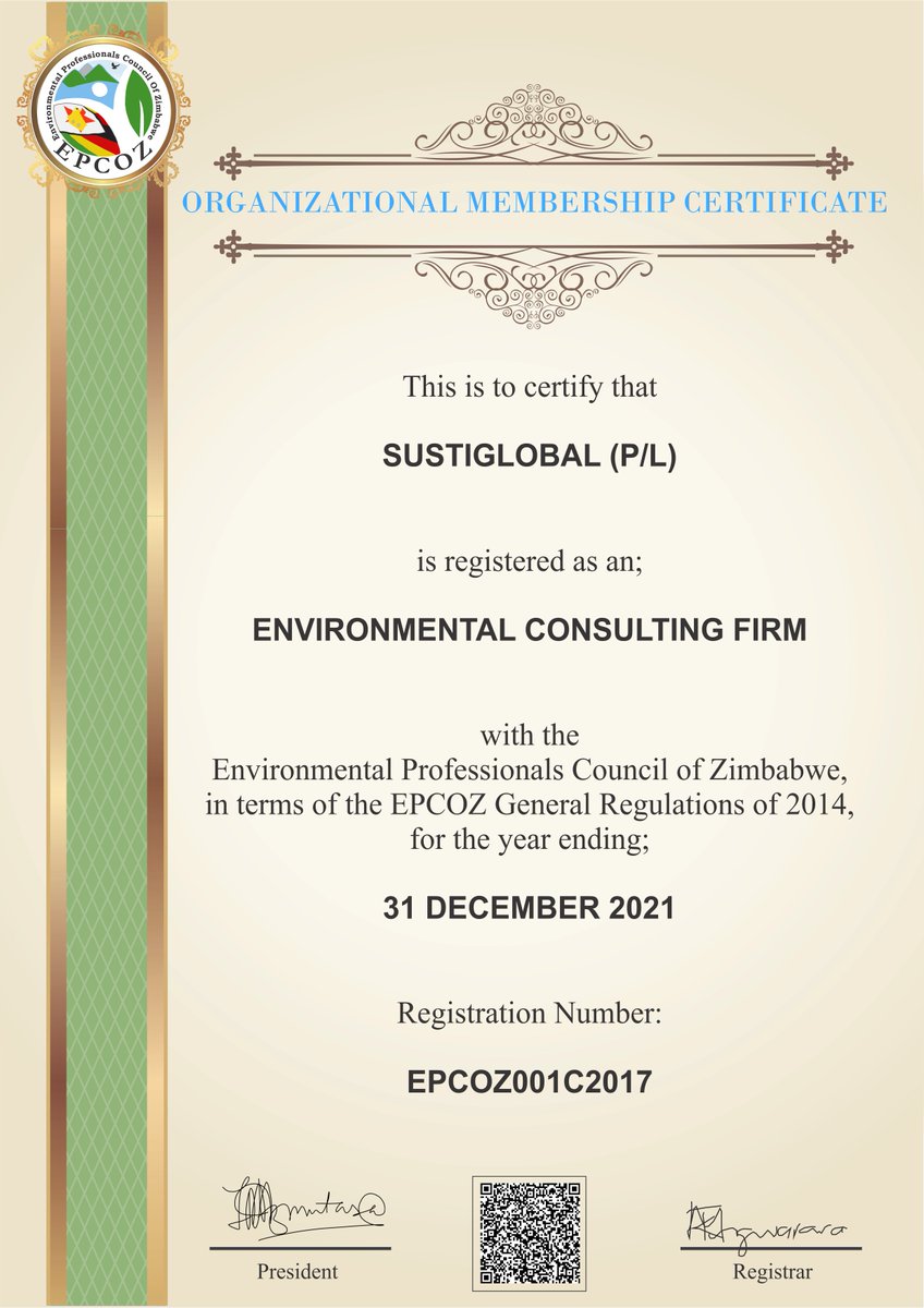 SustiGlobal has registered with the Environmental Professionals Council of Zimbabwe (EPCOZ) for the year 2021 as an environmental consulting firm. For all your environmental consultancy services, call up on +263777774224 or oliver@sustiglobal.com.