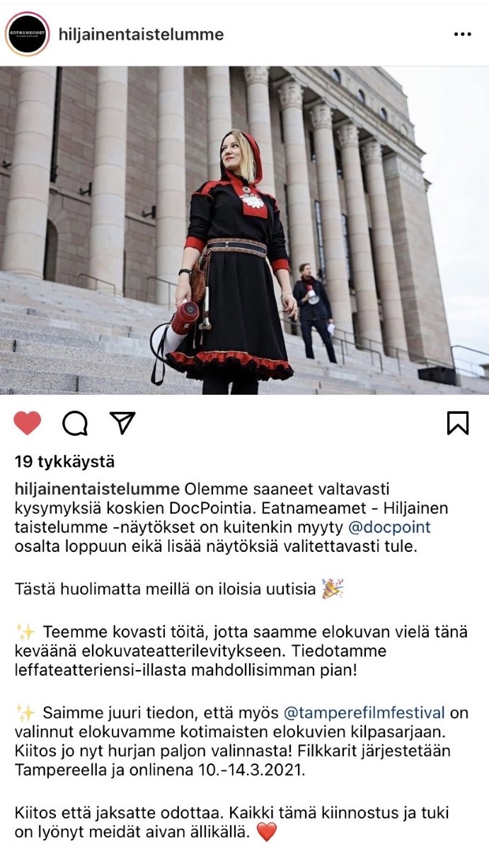 DocPointHKI's tweet photo. EATNAMEAMET – HILJAINEN TAISTELUMME -elokuvan lisälipuista tiedustelleille tiedoksi: valitettavasti emme saa elokuvaan enempää lippuja myyntiin. Onnittelut tekijöille huimasta avauksesta – ja valinnasta Tampereen elokuvajuhlien kotimaiseen kilpasarjaan! 🥳💐 #DocPoint2021 https://t.co/uM6uPS2MPH