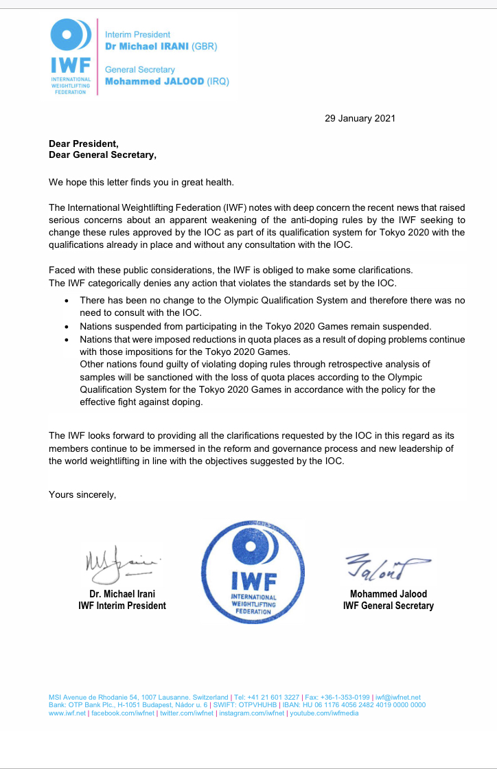 Most recently, the  #IOC criticized IWF (for the fifth time) for weakening their anti-doping rules. Defiant answer in the letter of current president Irani below: Everything is fine ('no change to the Olympic Qualification System') /3