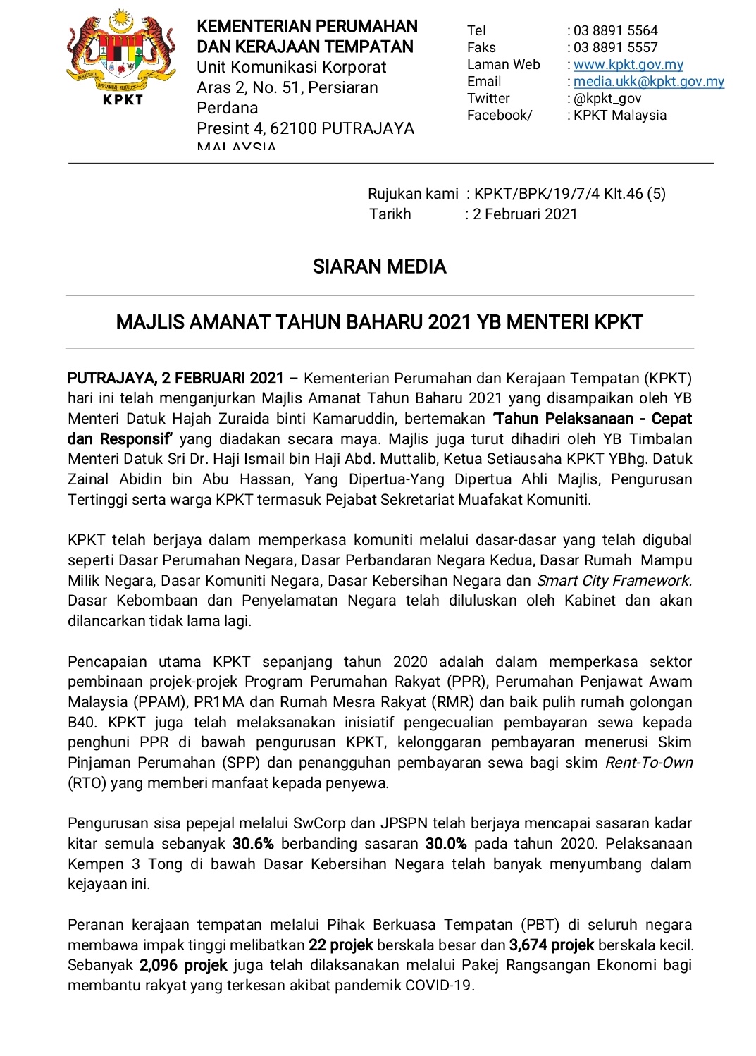 Zuraida Kamaruddin On Twitter Admin Berikut Merupakan Siaran Media Bagi Majlis Amanat Tahun Baharu 2021 Kpkt Gov Saya Minta Supaya Tahun 2021 Dijadikan Sebagai Tahun Pelaksanaan Cepat Dan Responsif Untuk Kpkt Lebih