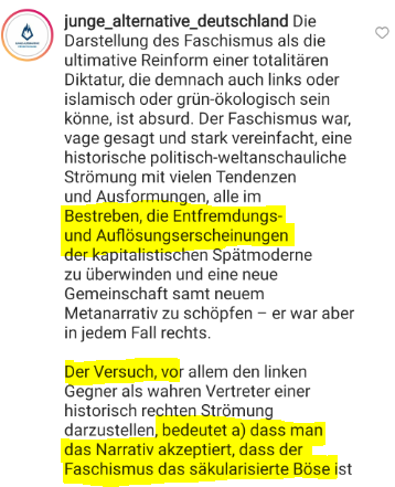 Kurz- #ThreadFür die  #AfD-Parteijugend Junge Alternative Deutschland, ist der  #Faschismus nicht "das [..] Böse".Verharmlosend sieht sie den Faschismus als "Bestreben, Entfremdungs- und Auflösungserscheinungen zu überwinden" und "eine neue Gemeinschaft zu schöpfen". #nonazis
