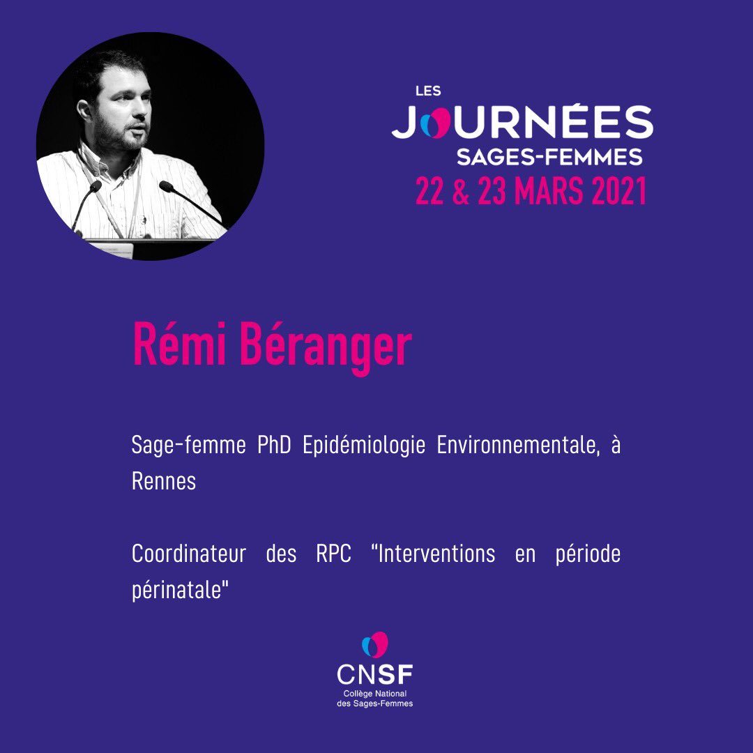 ✨Journées Sages-Femmes - 22 et 23 mars 2021 
🔎 Coup d’œil sur nos expert.e.s 
👨🏻‍⚕️Rémi Béranger est sage-femme clinicien et chercheur à Rennes. Il a obtenu sa thèse en Épidémiologie Environnementale en 2014.
🎟 Envie d’en savoir plus ? journees-sages-femmes.fr/inscriptions/