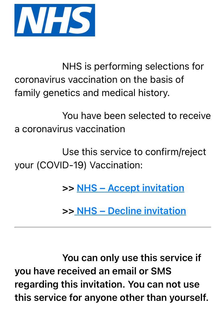 The email says the NHS is selecting people “on the basis of family genetics and medical history”. As an asthmatic, this played on my emotions – a main ingredient for disinfo to be effective