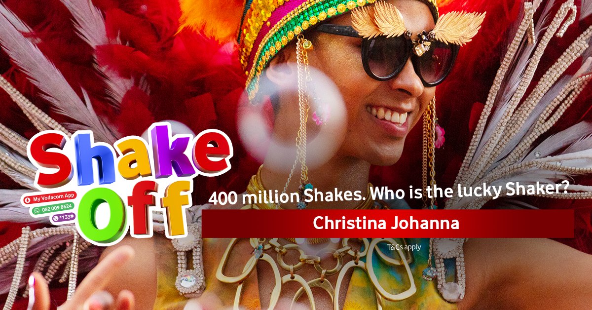 Vodacom's tweet photo. 400 million must be Christina Johannaβs lucky number, because they just bagged a R4000 Takealot voucher π Want to see who else won #ShakeOff2020 prizes? See all the winners here: https://t.co/2Sxd8L9BHn https://t.co/8D7whnAgS4