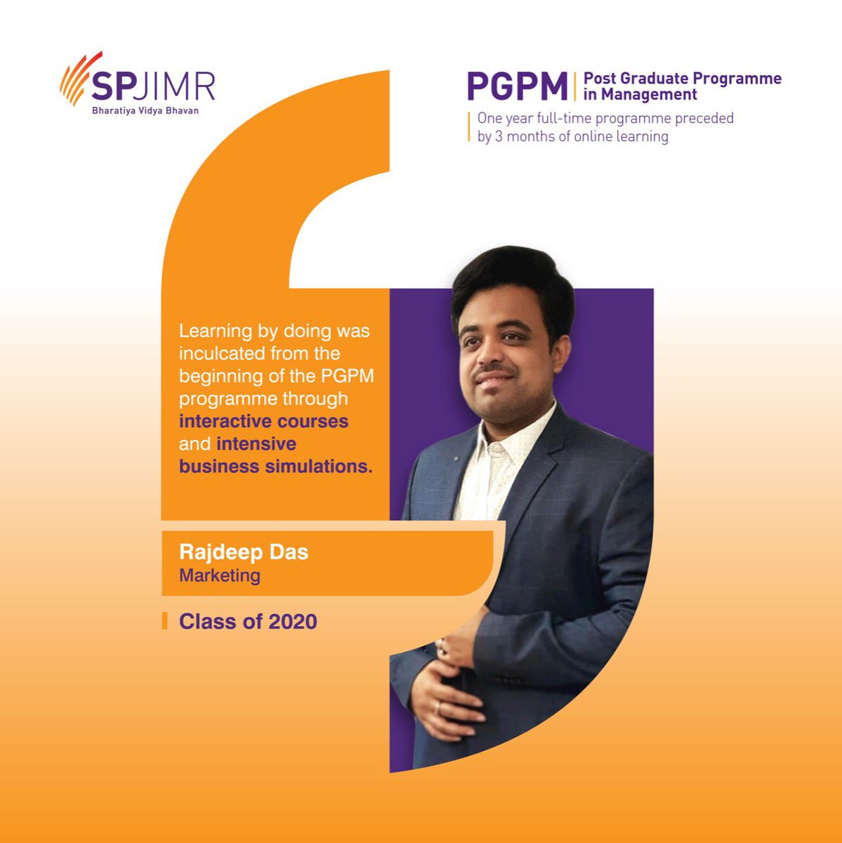 PGPM_SPJIMR's tweet photo. Coming from a business development role at a multinational FMCG organization, I have experienced multiple challenges and struggles. The year of 2020 turned everything upside down, barring my wisest decision, the PGPM programme that I had enrolled into. #1yearmba #PGPM2020 https://t.co/wj0ihhuOQ8