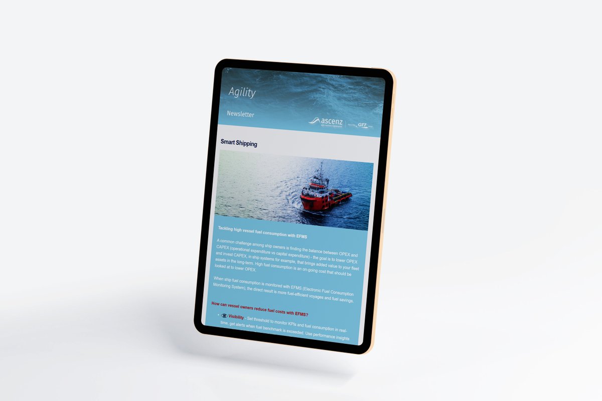 Our Agility Newsletter for February 2021 is out. In this issue, we cover key marine topics and share insights on:
• Controlling OPEX by tackling high vessel fuel consumption
• Smart Shipping
• Lowering Carbon Emissions &amp; Using Alternative Fuels
ascenz.com/resources/news…
