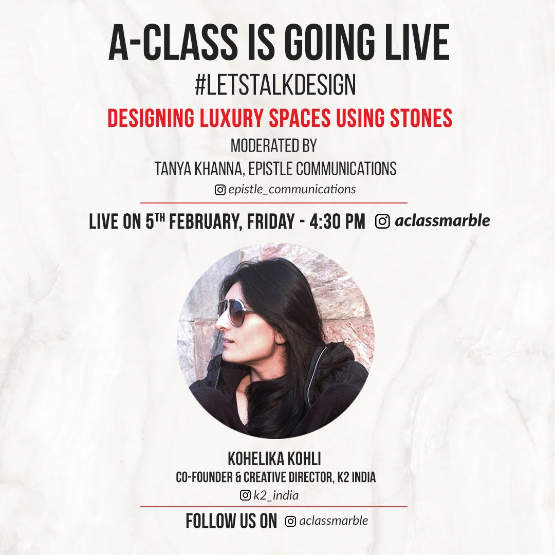 aclassmarble's tweet photo. #LetsTalkDesign - Kohelika Kohli is the co-founder, CEO and Creative Director of K2India, established in 2010 with her mother Sunita Kohli, an award-winning designer and will be coming live on our Instagram soon! Looking forward to seeing you there! #aclassexperience #designtips https://t.co/K42lQe6LZR