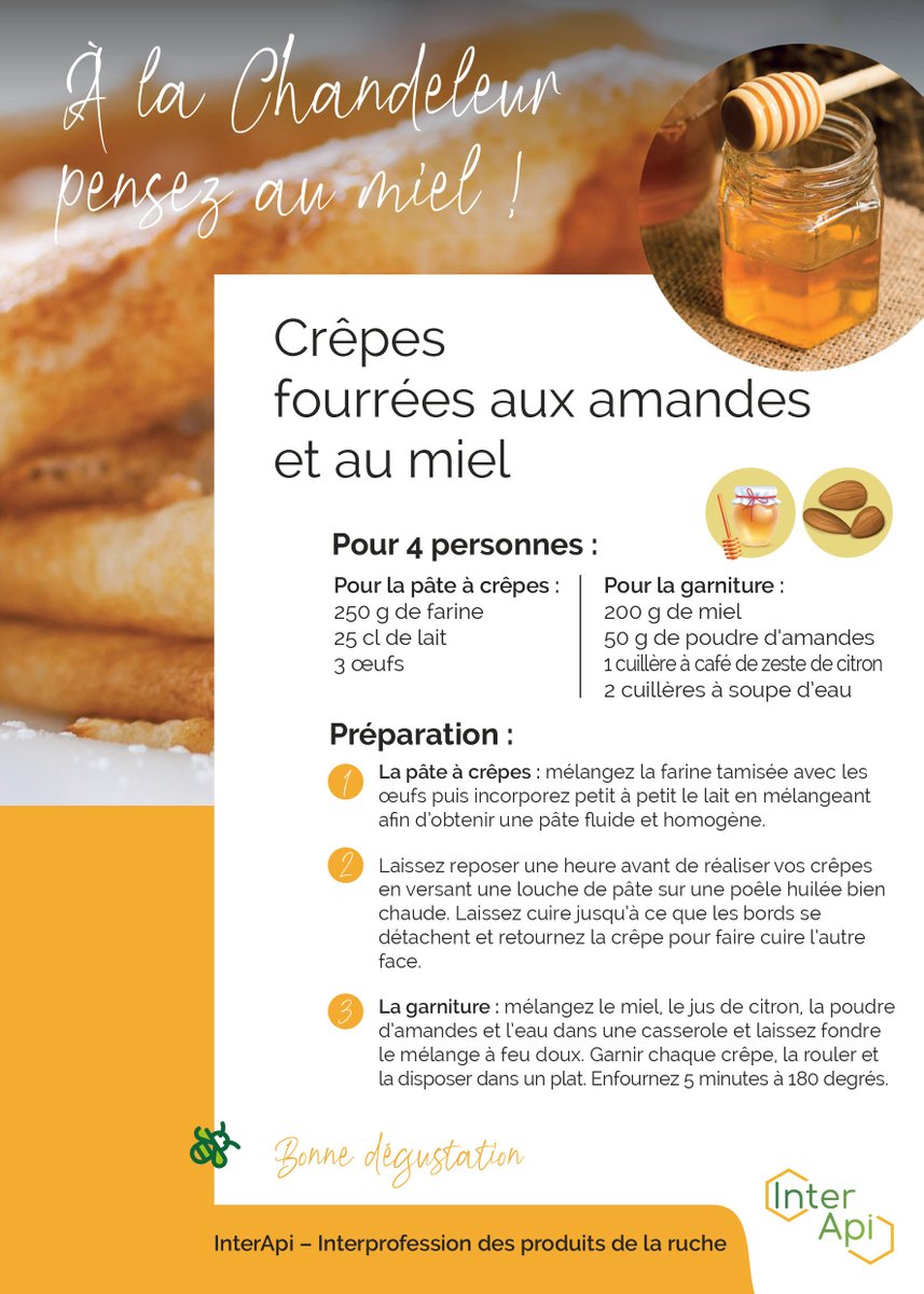UNAFapiculture's tweet image. 🍯 Pensez au #miel pour fêter la #chandeleur !
Voici quelques idées de recettes à réaliser avec du bon miel de producteur.
L&apos;interprofession des produits de la ruche #Interapi vous propose ses recettes 🥞