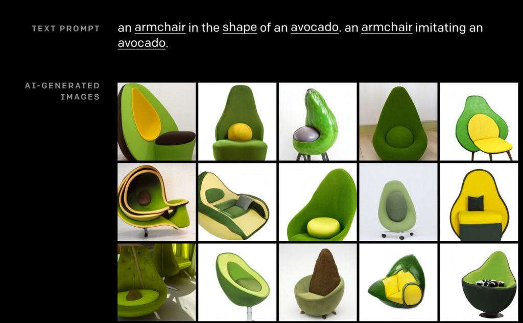 The result is realistic looking images like this 'avocado armchair' or 'pentagonal green clock'