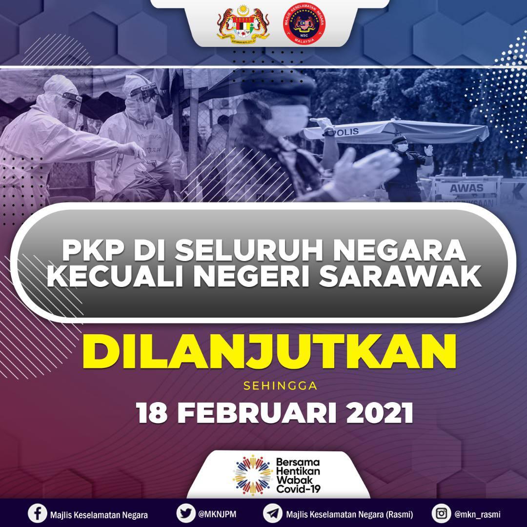 PKP dilanjutkan bermula 5 Feb - 18 Feb 2021 kecuali Sarawak (Kekal di bawah PKPB). 

#pkp2021