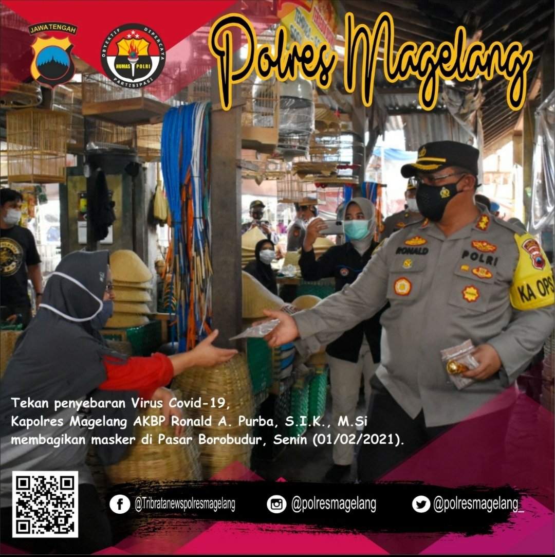 Tekan penyebaran Virus Covid-19, Kapolres Magelang AKBP Ronald A. Purba, S.I.K., M.Si membagikan masker di Pasar Borobudur, Senin (01/02/2021).

Call Center Polres Magelang (0293) 788787

#polresmagelang #tribratanewspolresmagelang