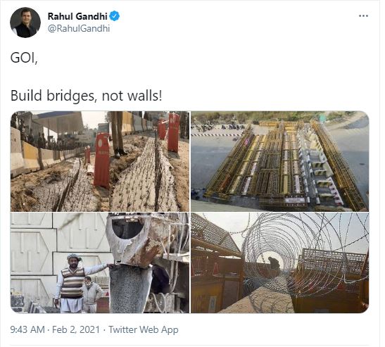 ''भारत सरकार, 
पुल बनाइए, दीवार नहीं.''

कांग्रेस नेता राहुल गांधी के इस ट्वीट पर क्या कहते हैं आप?