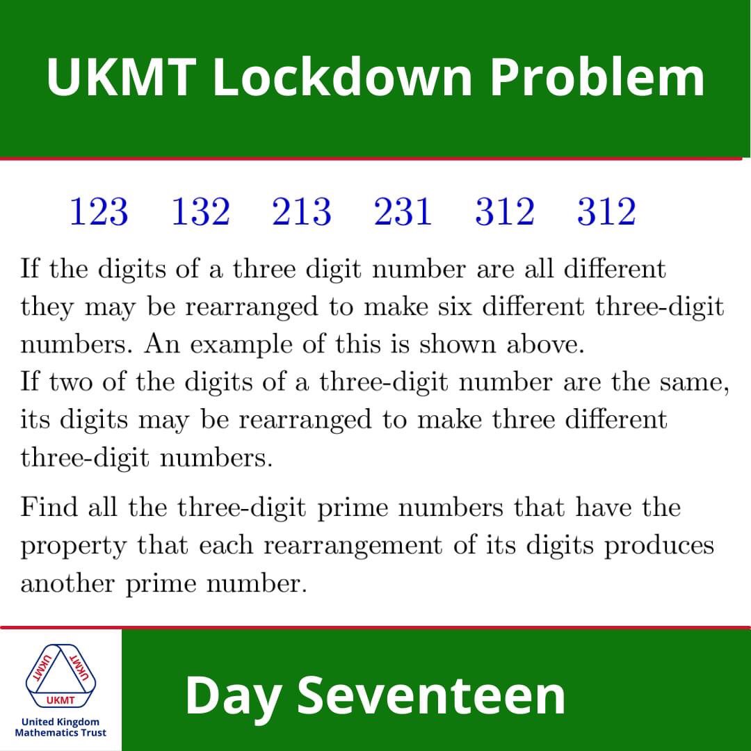 UKMT Lockdown Problems: Day Seventeen.

#UKMT #UKMathsTrust #MathsProblem