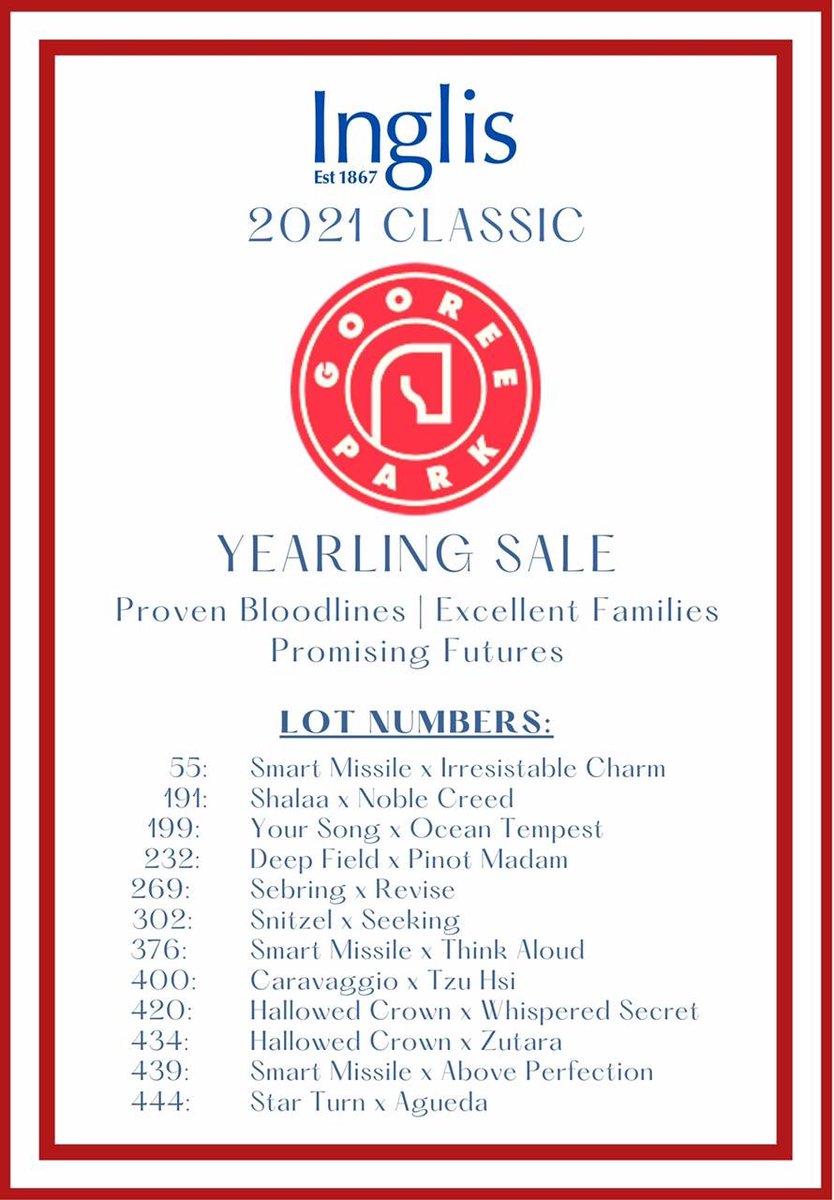 GooreeStud's tweet photo. Come down and check out our 2021 Classic Yearlings!
#gooree #BuySuccessBuyInglis
#BuyBetter #InglisClassic #GooreeParkThoroughbreds https://t.co/O76tkJSIUk