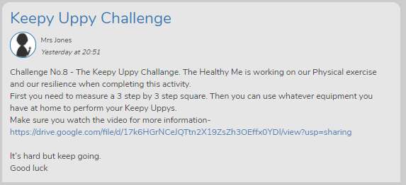 Year2_WIA's tweet photo. The new PE with Mr B Challenges have been posted on the blog! Lets see how many children can get involved this week, there is also an activity that supports Children's Mental Health Week! #PEwithMrB https://t.co/T4DSIwSRrK