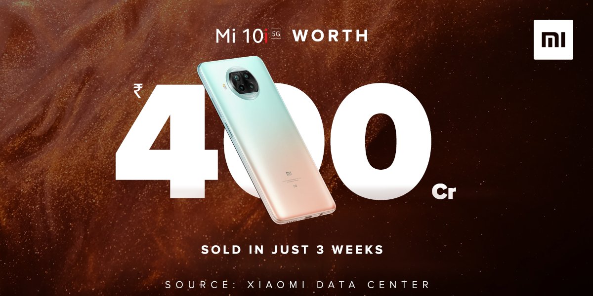 XiaomiIndia's tweet photo. Mi 10i phones worth ₹4⃣0⃣0⃣Cr sold in just 3 weeks! 🤯

Yes, you heard that right. 😎

#Mi10i achieved a massive number within a very short span after the launch. 

Thanks to all Mi Fans for making it a big hit. 🙏

RT 🔃if you own #ThePerfect10. https://t.co/O1AOcmVa8N
