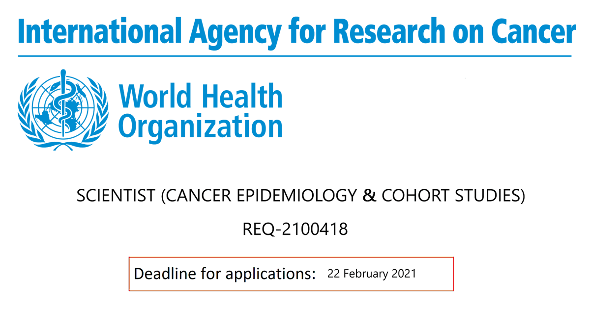 IARC is looking for a #scientist (#cancer #epidemiology &amp; cohort studies) for our Genetic Epidemiology Group. Have 1 yr exp &amp; a PhD (or equivalent, e.g. MD/MPH or MD who is PhD candidate) related to cancer epidemiology or similar? We want to hear from you! iarc.who.int/vacancy/scient…