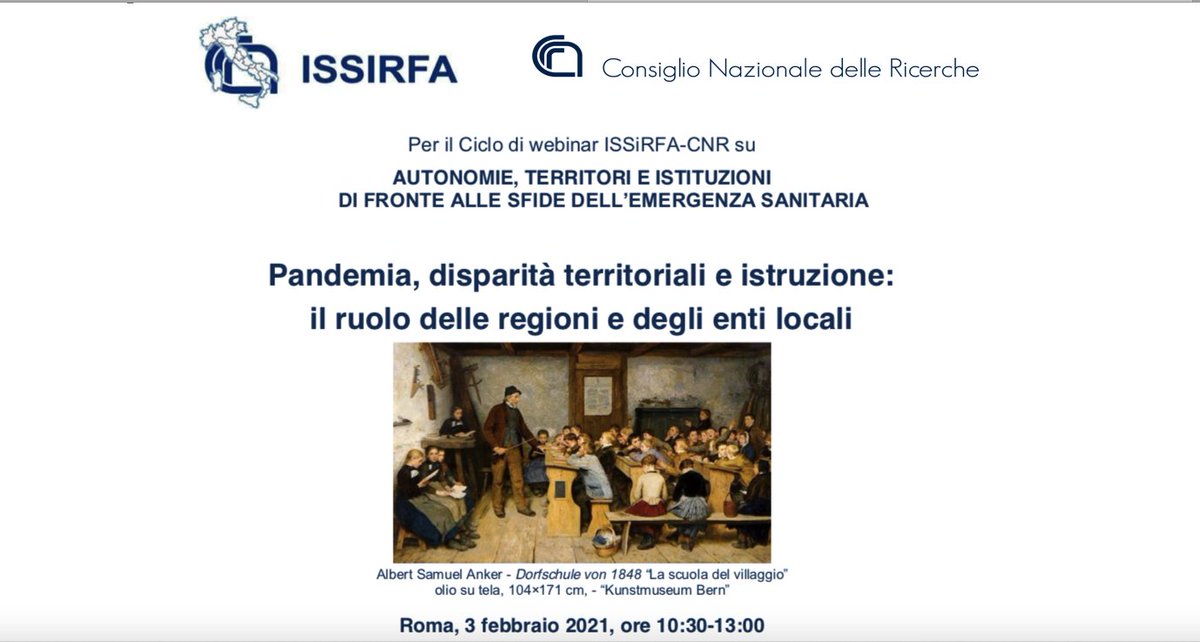 CNRsocial_'s tweet photo. 📌 #3febbraio ore 10.30
#Pandemia disparità territoriali e #istruzione: il ruolo delle regioni e degli enti locali
Al via il ciclo di webinar del #Cnr_Issirfa su "Autonomie, territori e istituzioni di fronte alle sfide dell'#emergenzasanitaria #Covid_19
👉https://t.co/cqD0Nj86pG https://t.co/jUr2dFnNyN