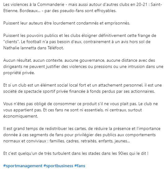 Cette publication d'un responsable d'un club professionnel fait froid dans le dos. Cette incapacité totale à comprendre qu'un club de football n'est pas qu'une entreprise aux mains de ses propriétaires ou créanciers mais un patrimoine local, culturel, historique, familial...