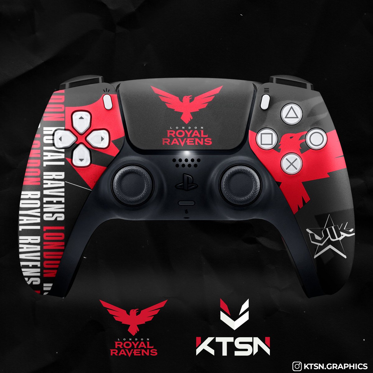 KTSNGFX's tweet photo. Concept @RoyalRavens Custom PS5 controller. Designed for @Vikkstar123. #6thraven #LRR https://t.co/JicSoJx5el