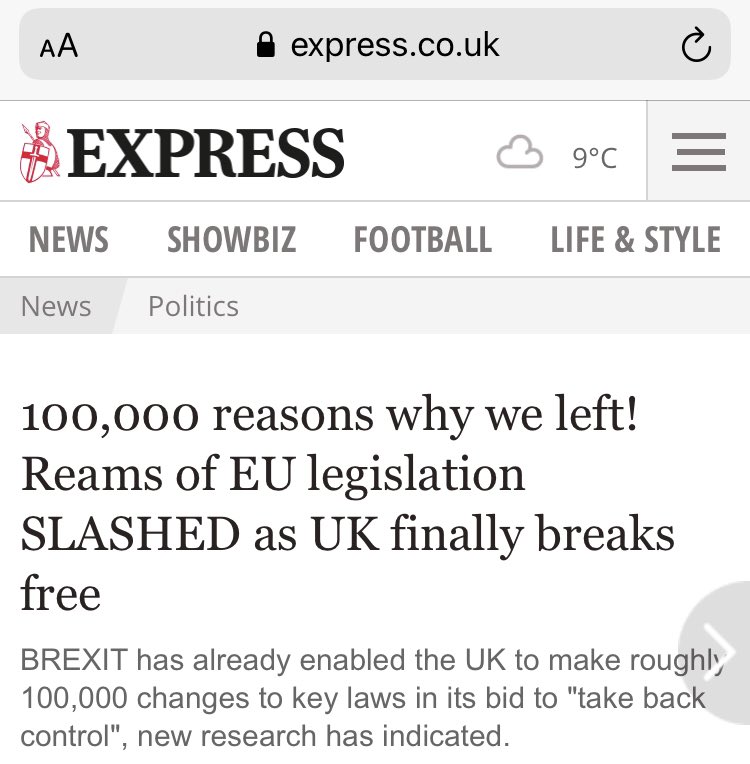 Occasionally, the Express has something useful to say about Brexit (even if it puts massive spin on it)...Here's a key story that hasn't gained attention anywhere else: the UK Government have made over 100,000 changes to imported EU laws. https://www.express.co.uk/news/politics/1391876/Brexit-news-eu-regulations-rule-changes-transition-period-financial-services