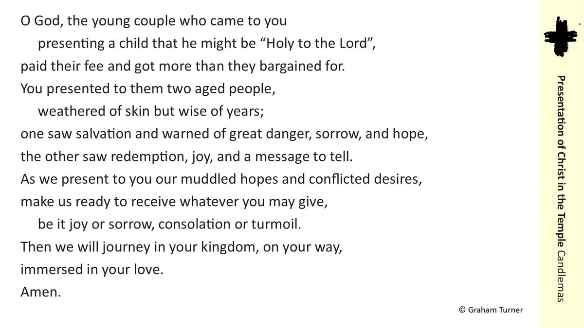 GrahamCTuner's tweet photo. COLLECT FOR TODAY
The Presentation of Christ at the Temple (Candlemas)
Why not try other prayers from my book "Alternative Collects: Prayers to a disruptive and Compassionate God"?
https://t.co/pMebtICXJN
@SacristyPress #candlemas #PresentationofChrist https://t.co/b25GRTz7DA