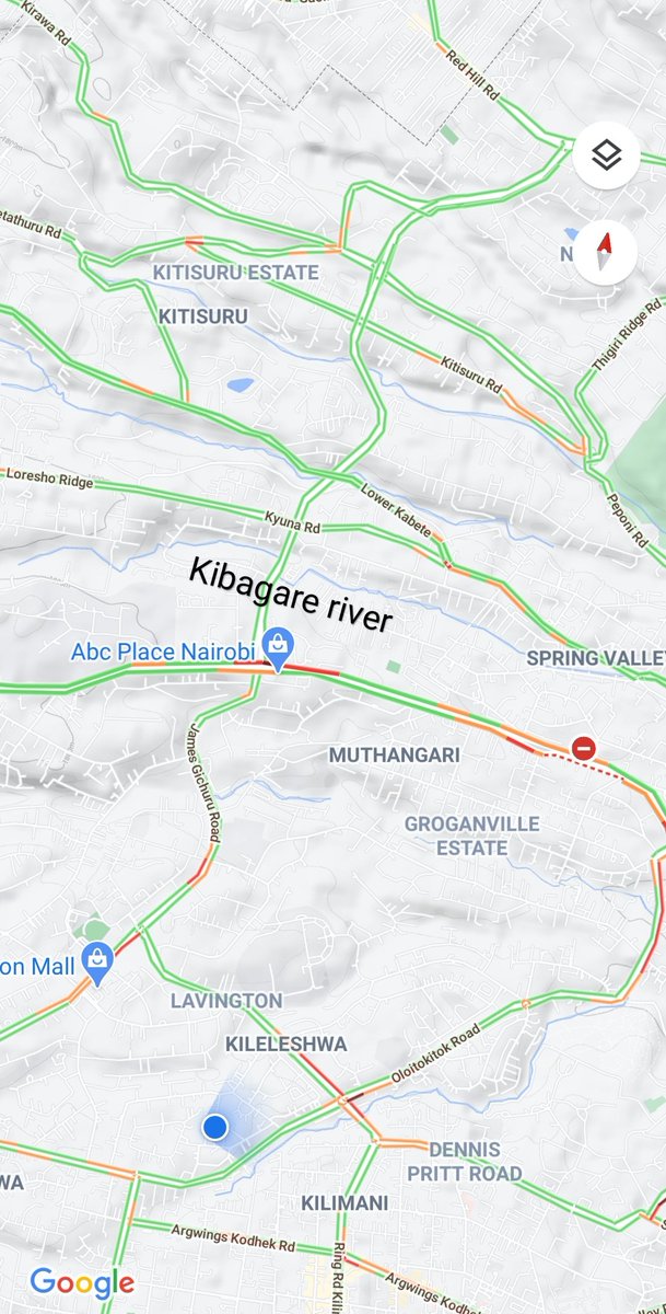 Kibarage river then flows past Loresho, Kibagare estate, Nairobi School, through Kyuna estate and past the Red Hill road to Spring Valley. Spring Valley estate might have been named after the river valley that traverses the neighborhood.