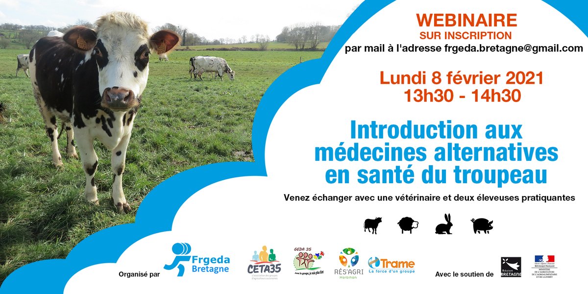 🐮🐷🐔Vous êtes éleveur.se et curieux des médecines alternatives ? 
👉 Rdv LUNDI 8 FÉVRIER - 13h30/14h30 - en visio pour une "Introduction aux médecines alternatives en santé du troupeau"
✍️ Inscription : frgeda.bretagne@gmail.com ou 06 99 74 44 92
@ceta_35 <a href="/Trame/">Daniel Beltrame</a>