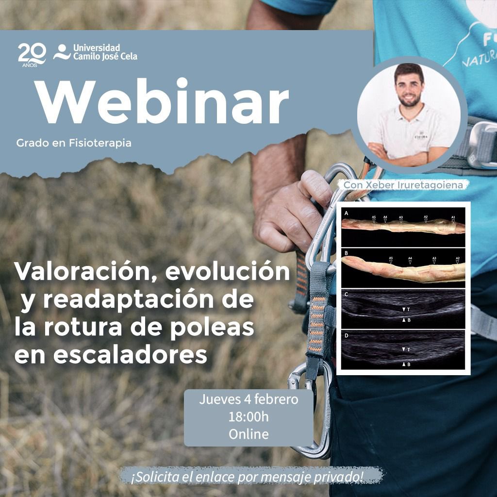 El próximo 04 de febrero a las 18:00h tendremos a Xeber Iruretagoiena <a href="/Xeber_Eskura/">Xeber Iruretagoiena</a> en la UCJC <a href="/universidadcjc/">UCJC</a> en un Webinar titulado “Valoración, evolución y readaptación de la rotura de poleas en escaladores” <a href="/FisioUCJC/">Fisioterapia UCJC</a> inscríbete 👉🏼 9m6yb0znf3a.typeform.com/to/PuNpG9LW