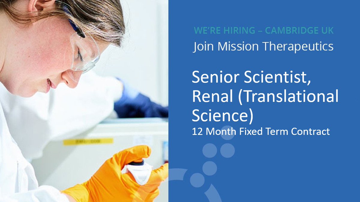 MISSIONTherapeu's tweet photo. We’re #recruiting for a Senior Scientist to join our #Cambridge-based team, to work in Renal Translational Sciences. For more information, please go to: https://t.co/mScJEQ5XLF #Cambridgejobs #Careers https://t.co/Secf2WRnlU