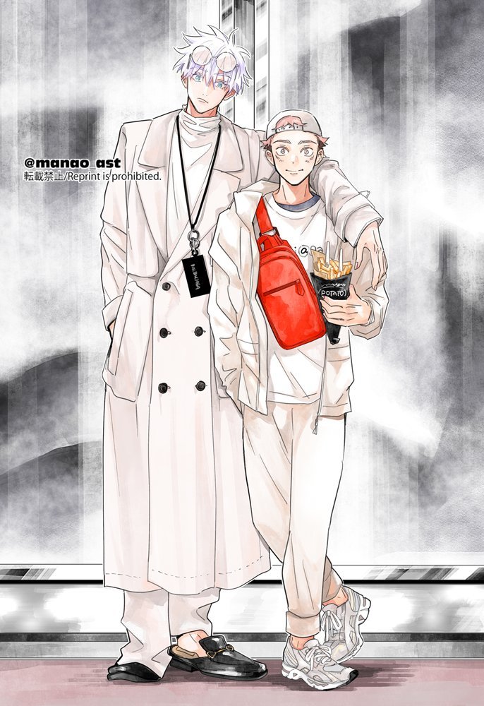 gojou satoru ,itadori yuuji multiple boys 2boys white pants food pants male focus hat  illustration images