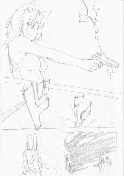 こちらはこのページのネーム(兼下絵)です。
立ち去る後ろ姿のコマを変更しています😌

それにしても銃を描くのは面倒くさいですね😟 