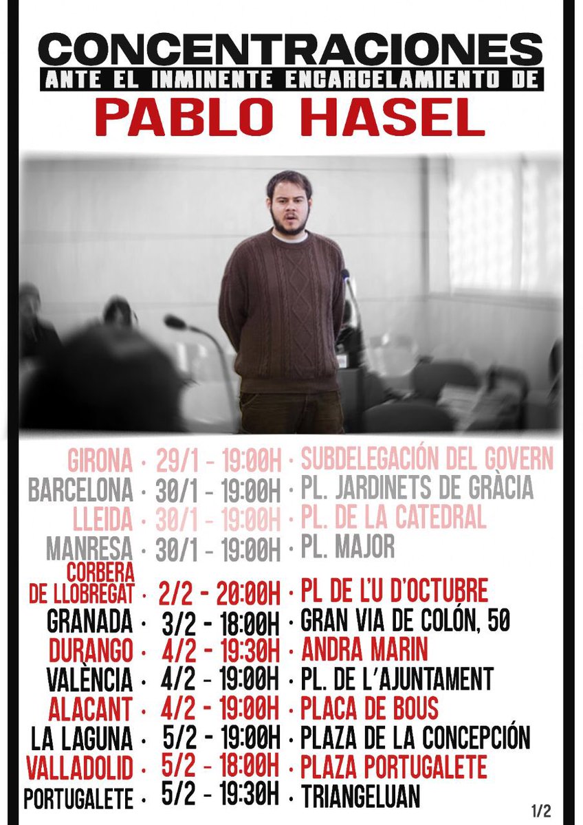 AntirrepreMad's tweet photo. ‼️ ¡Nueva actualización!  

Las convocatorias contra el encarcelamiento de Pablo Hasel se extienden cada vez por más ciudades. 

Si intentan silenciarlo, que se grite por su libertad en cada ciudad. https://t.co/qnFx2vtOGx