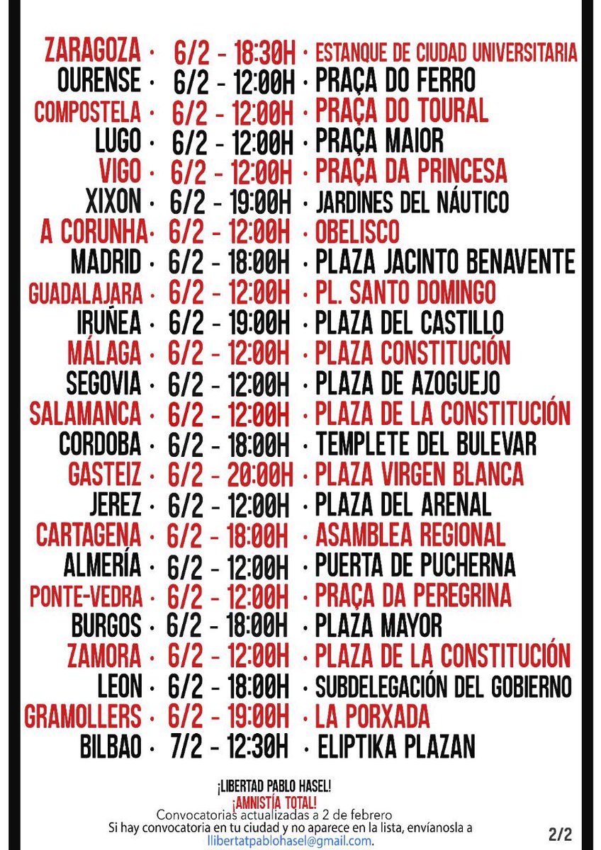 AntirrepreMad's tweet photo. ‼️ ¡Nueva actualización!  

Las convocatorias contra el encarcelamiento de Pablo Hasel se extienden cada vez por más ciudades. 

Si intentan silenciarlo, que se grite por su libertad en cada ciudad. https://t.co/qnFx2vtOGx