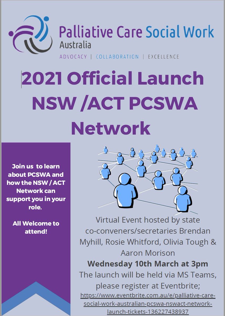 Very excited for our NSW/ACT PCSWA Network Launch on Wednesday 10 March 2021 with our amazing leadership team <a href="/biffmy/">Brendan (he/him)</a>, , Rosie, Olivia &amp; Aaron! 
Any SWer in NSW/ACT interested in palliative and end of life care, register for the information session eventbrite.com.au/e/palliative-c…