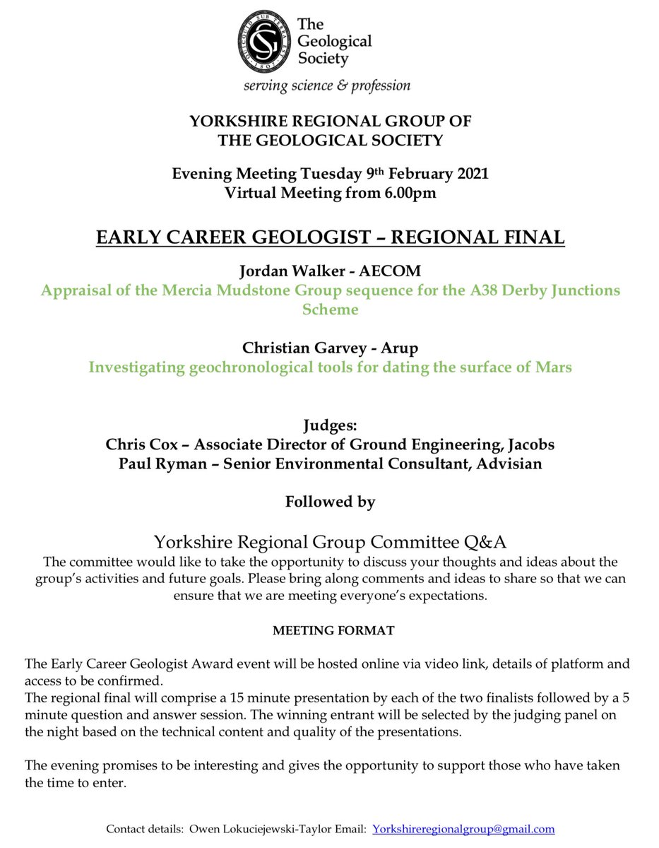 We are pleased to announce the Early Career Geologist regional final will be taking place virtually on Tuesday 9th February 2021 at 6pm. We have two fantastic presentations lined up and look forwards to seeing you all there. A link will be provided next week.