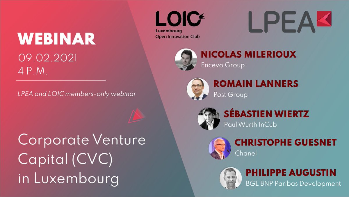 The LPEA, in collaboration with the Luxembourg Open Innovation Club (LOIC), will host a webinar on how many corporate companies become involved in the funding of start-ups.
eventbrite.com/e/corporate-ve…
#venturecapital #luxembourg  #luxembourgfinance #bnpparibas #postluxembourg #chanel