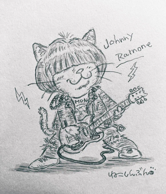 猫界のラモーンズジョニーラモーン?ギターソロは弾かないんですか?(猫ジョニー)そんな暇はねぇ!う〜んカッコいいっ?#イラスト #猫イラスト #Ramones #パンクロック #JohnnyRamone #みんなで楽しむTwitter展覧会 