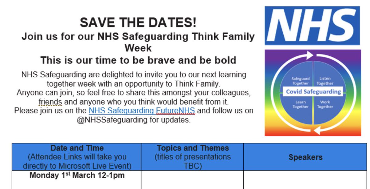 #Hello MNI Catherine ๐๐๐ (@randallcath) on Twitter photo SAVE THE DATE <a href="/NHSsafeguarding/">NHSsafeguarding</a>
If you missed any of the excellent #SafeguardingTogetherWeek webinars, you can access the recordings and resources on the FutureNHS workspace. Simply register here future.nhs.uk/safeguarding/vโฆ #teamCNO #COVIDSafeguarding - see you at our SG week ๐ SAVE THE DATE <a href="/NHSsafeguarding/">NHSsafeguarding</a>
If you missed any of the excellent #SafeguardingTogetherWeek webinars, you can access the recordings and resources on the FutureNHS workspace. Simply register here future.nhs.uk/safeguarding/vโฆ #teamCNO #COVIDSafeguarding - see you at our SG week ๐