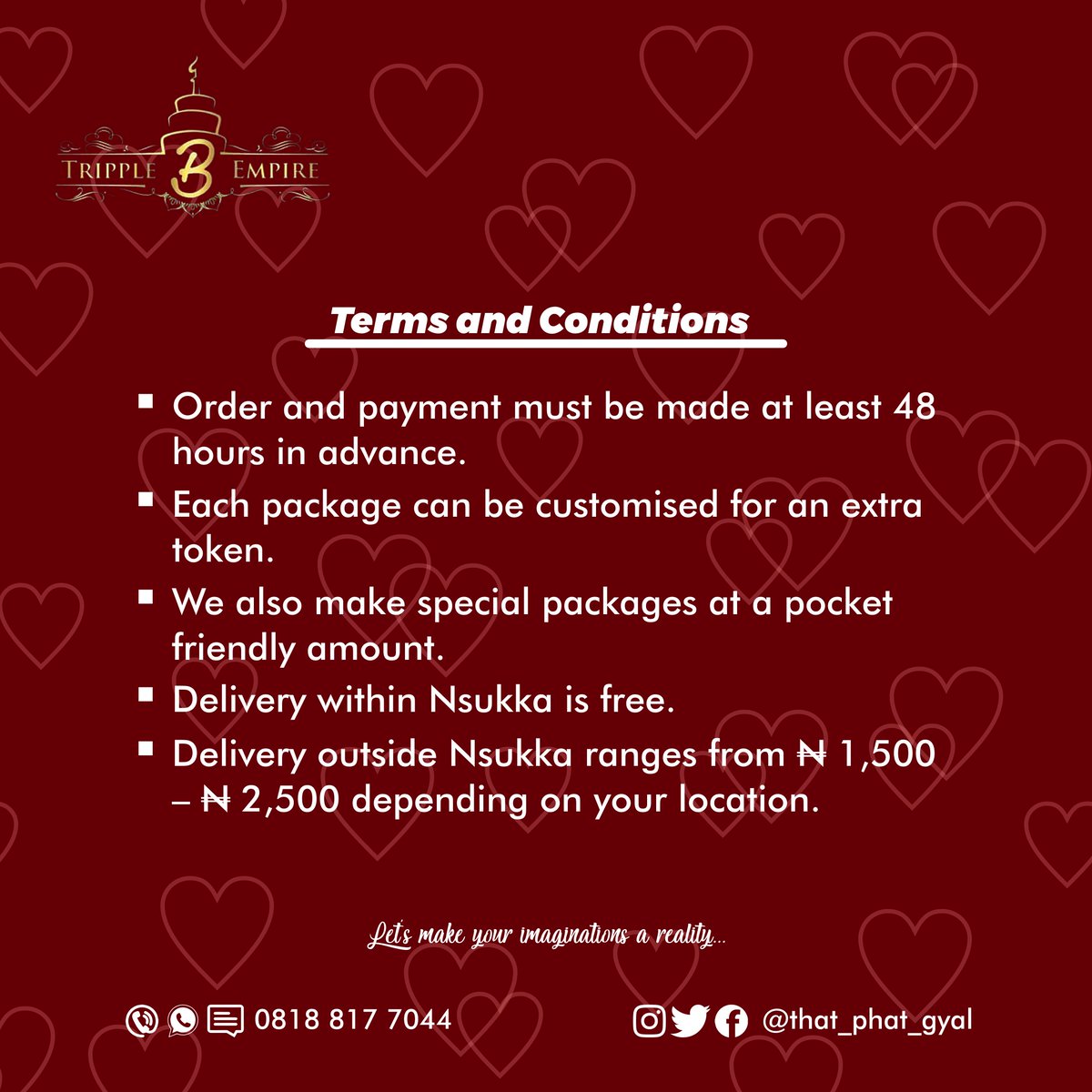 Wondering want to give to that special someone? Well we've got you covered with our valentine packages specially created for you with love. Swipe to view our packages.👉👉There is something for everyone my darlings.😍
#ValentinesDay 
#valentinesgift 
#ValentineSpecial
#Enugubaker