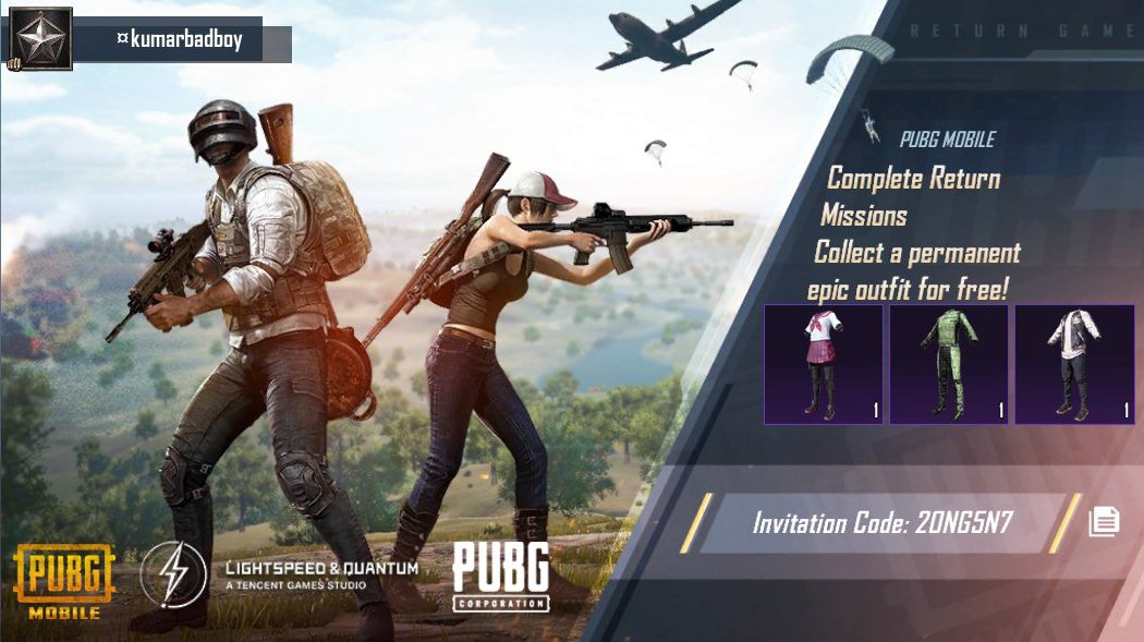 omkumar_sakthi's tweet image. Complete PUBG MOBILE Return Missions! Collect a permanent epic outfit for free! My invitation code: 2ONG5N7 share.pbgcj.com/recallfriend.p…