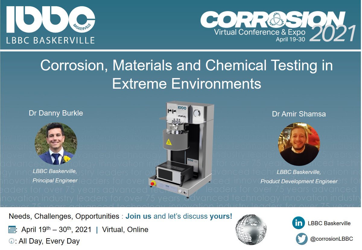 corrosionLBBC's tweet photo. We are excited to announce that we have have confirmed our booth for the CORROSION 2021 Virtual Conference and Exhibition from April 19th - 30th, 2021. 
More details will follow. @NACEtweet @AmppOrg 
#Corrosion #Testing #Autoclave #research #innovation  #NACE #AMPP #corrosion21 https://t.co/4KG3K3T3Dm