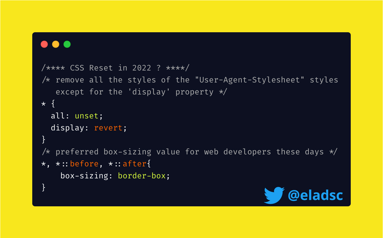Twitter-এ Elad Shechter: "🤓 This is how I imagine #CSS Reset in 2022. What do you think? More about CSS Resets, you can read my last article on "How Does CSS Work?": Twitter-এ Elad Shechter: "🤓 This is how I imagine #CSS Reset in 2022. What do you think? More about CSS Resets, you can read my last article on "How Does CSS Work?":