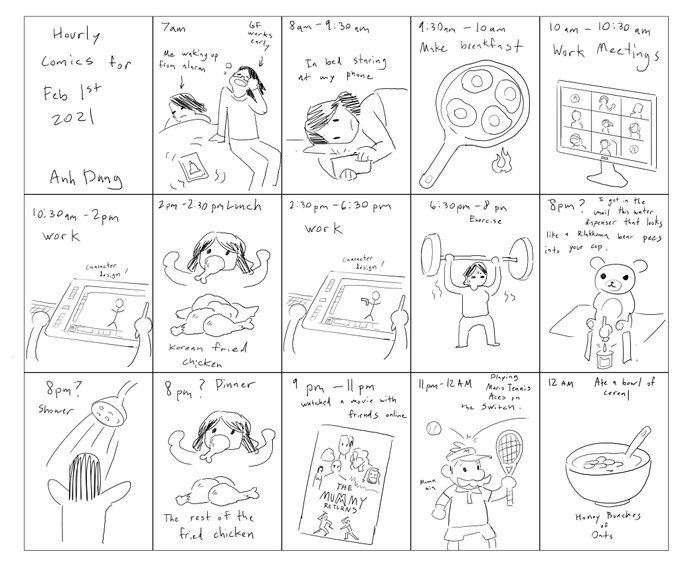 I can't draw hourly comics by the hour, so here's some chicken scratch of my day. 