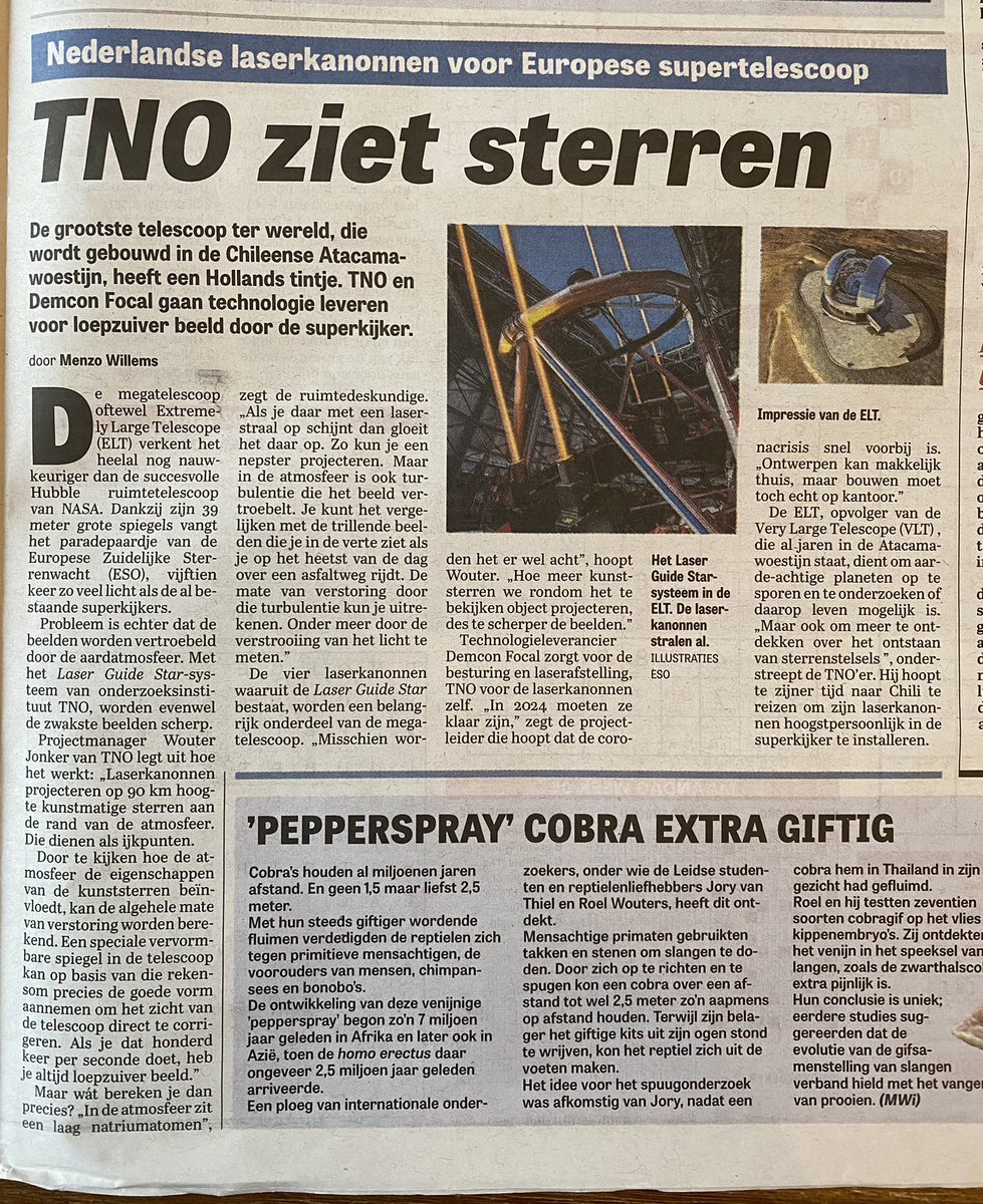 KeesBuijsrogge's tweet photo. Mooi artikel in de @telegraaf over de laser guide stars die we samen met @DEMCON ontwikkelen voor de @ESO Extremely Large Telescope.
Zo helpen we wetenschappers inzicht krijgen in het universum èn positioneren we het Nederlands bedrijfsleven voor #economischegroei! #TNOSpace https://t.co/YdQTYURB5E
