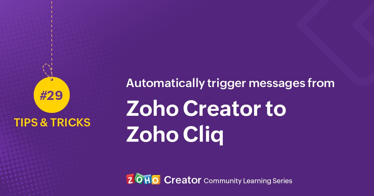 ZohoCreator's tweet image. #ZohoCreatorCommunity 💡 It can get tedious to be constantly sending out reminders or making important announcements. Check out our latest post to learn how to automatically trigger messages to people and channels in @zohocliq right from @zohocreator. 👉🏼 zoho.to/TipsandTricks29