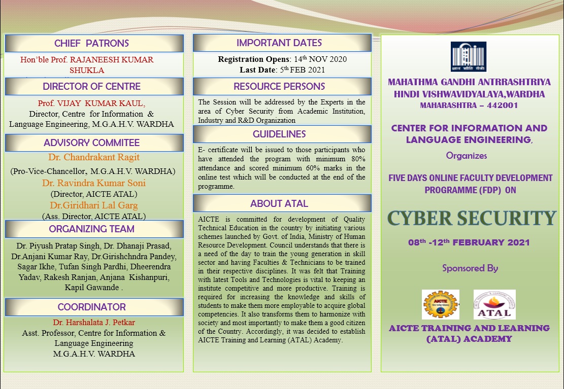 VCOMGAHV's tweet image. FIVE DAYS ONLINE #facultydevelopmentprogramme (FDP) ON #cybersecurity
Sponsored By AICTE TRAINING AND LEARNING (ATAL) ACADEMY
Date : 08th -12th FEBRUARY 2021
#cybersecurityawareness #informationsecurity #malware #ethicalhacking #phishing