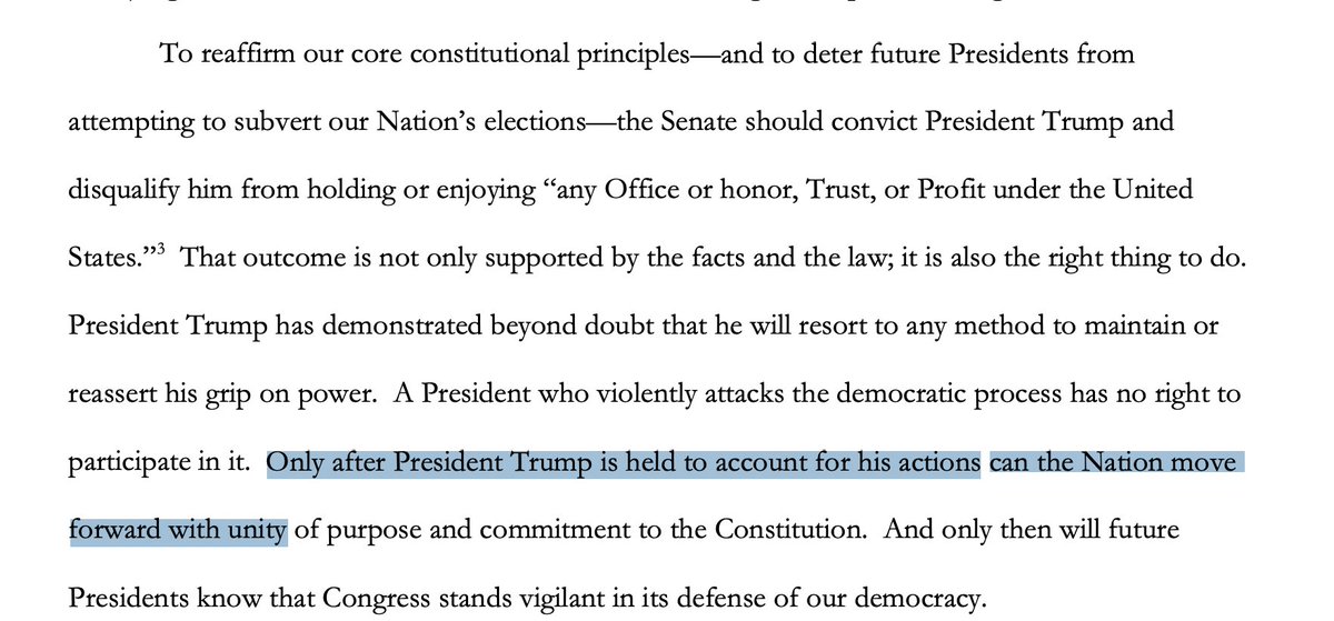 They end the Introduction by arguing for conviction "to deter future Presidents from attempting to subvert our Nation's elections."I love that they throw in the word "unity." (This is definitely an A+ brief.)6/